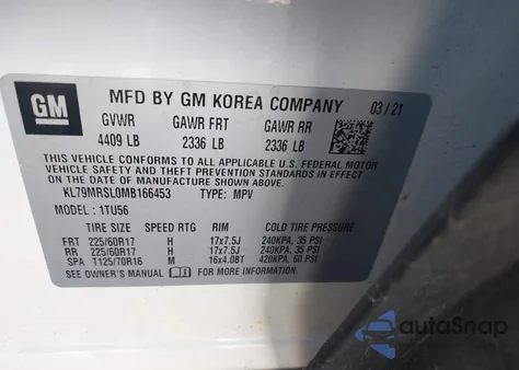 2021 Chevrolet Trailblazer Awd Lt из США, поврежденный, VIN KL79MRSL0MB166453